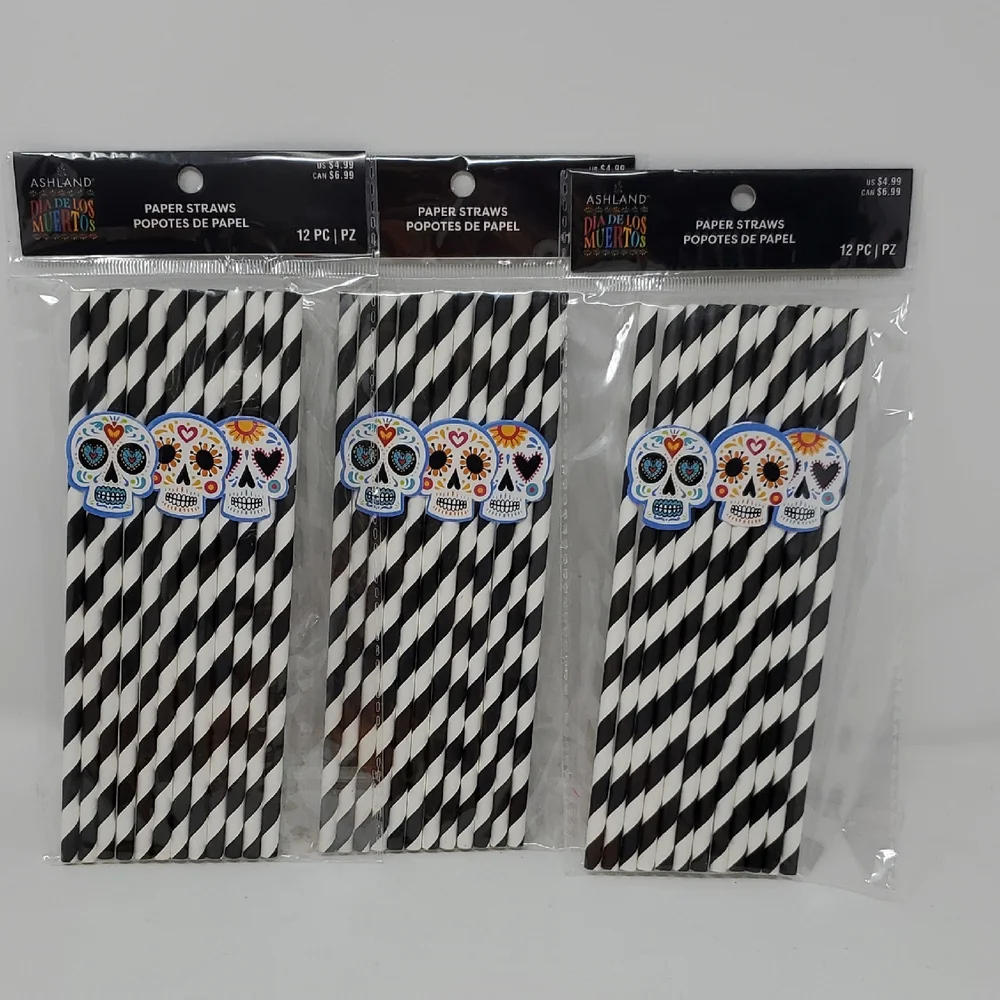 Ashland Festive Skull Black and White Striped Paper Straws Pack Of 3